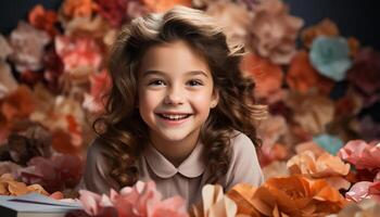 ai gegenereerd een schattig, vrolijk meisje lachend, Holding een bloem in herfst gegenereerd door ai foto