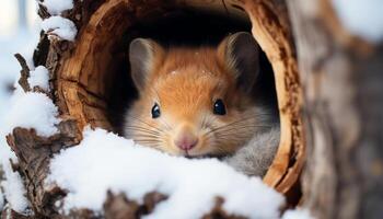 ai gegenereerd schattig klein zoogdier zittend in sneeuw, op zoek Bij camera gegenereerd door ai foto