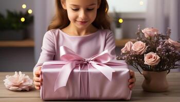 ai gegenereerd schattig meisje Holding geschenk, lachend, vieren Kerstmis met familie gegenereerd door ai foto