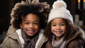 ai gegenereerd glimlachen Afrikaanse kind in warm winter kleding, op zoek Bij camera gegenereerd door ai foto