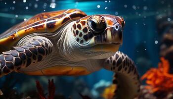 ai gegenereerd dichtbij omhoog van een schattig schildpad zwemmen in blauw water gegenereerd door ai foto