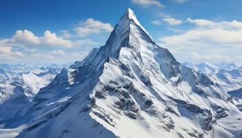 ai gegenereerd majestueus berg bereik, sneeuw afgedekt pieken, rustig tafereel, Doorzichtig lucht gegenereerd door ai foto