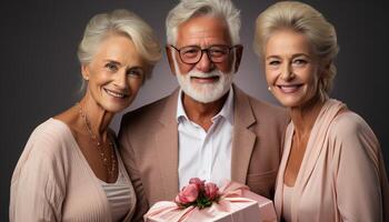 ai gegenereerd glimlachen senior paar Holding verjaardag geschenk, vieren liefde en saamhorigheid gegenereerd door ai foto