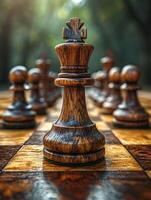 ai gegenereerd schaak stukken Aan houten schaakbord de concept van strategie planning en besluitvorming foto