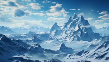 ai gegenereerd majestueus berg piek, sneeuw gedekt landschap, rustig arctisch avontuur gegenereerd door ai foto