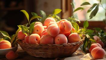 ai gegenereerd versheid van rijp perziken, natuur zoet voedsel Aan houten tafel gegenereerd door ai foto