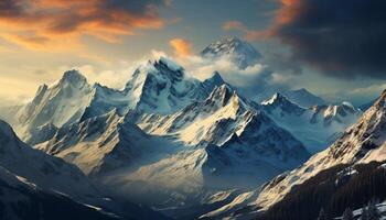 ai gegenereerd majestueus berg piek, sneeuw gedekt landschap, rustig winter schoonheid gegenereerd door ai foto