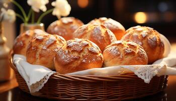 ai gegenereerd vers gebakken eigengemaakt brood en zoet gebakjes Aan houten tafel gegenereerd door ai foto