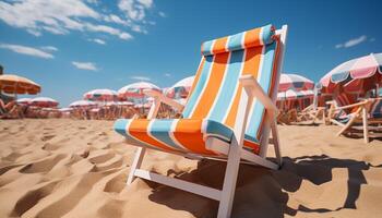 ai gegenereerd zonnen Aan een blauw dek stoel, genieten van de zomer gegenereerd door ai foto