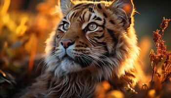 ai gegenereerd majestueus tijger staren, schoonheid in natuur, wilde kat op zoek Bij camera gegenereerd door ai foto