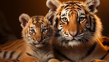 ai gegenereerd tijger, een gestreept ongedomesticeerd kat, staren Bij camera in natuur gegenereerd door ai foto