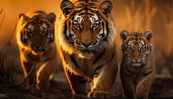 ai gegenereerd majestueus Bengalen tijger wandelen, staren, schoonheid in natuur gegenereerd door ai foto