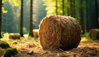 ai gegenereerd een landelijk tafereel in zomer hooi balen stack Aan weide gegenereerd door ai foto