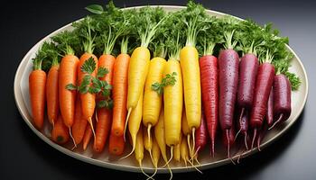 ai gegenereerd vers, gezond vegetarisch salade met kleurrijk biologisch groenten Aan bord gegenereerd door ai foto