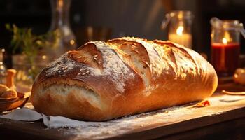 ai gegenereerd vers gebakken brood Aan rustiek hout tafel, klaar naar eten eigengemaakt maaltijd gegenereerd door ai foto