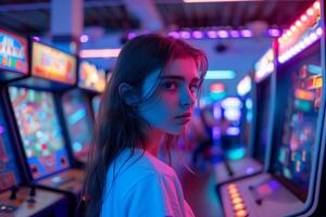 ai gegenereerd een meisje spelen in een retro spel centrum met neon lichten en speelhal machines foto