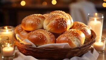 ai gegenereerd vers gebakken brood Aan houten tafel, kaars verlicht rustiek maaltijd gegenereerd door ai foto