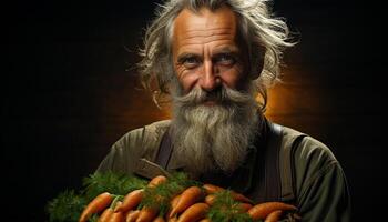 ai gegenereerd een senior Mens, met grijs haar- en een baard, op zoek Bij de camera, Holding een vers biologisch wortel, glimlachen gegenereerd door ai foto