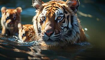 ai gegenereerd majestueus tijger staren, reflecterend schoonheid in natuur gevaarlijk wildernis gegenereerd door ai foto