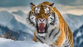 ai gegenereerd intens stuiten op van agressief wild tijger in detailopname foto