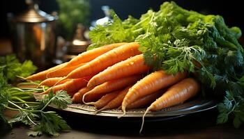 ai gegenereerd versheid van biologisch groenten Aan houten tafel, gezond aan het eten gegenereerd door ai foto