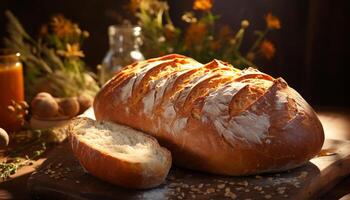 ai gegenereerd vers gebakken eigengemaakt brood Aan rustiek houten tafel gegenereerd door ai foto