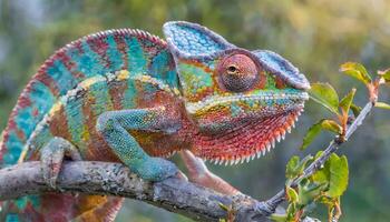 ai gegenereerd detailopname van een kameleon wandelen Aan een Afdeling van boom foto