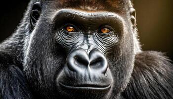 ai gegenereerd zwart gorilla gezicht en ogen detailopname geïsoleerd Aan zwart achtergrond foto