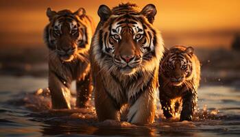 ai gegenereerd majestueus Bengalen tijger staren, rustig zonsondergang, natuur schoonheid gegenereerd door ai foto