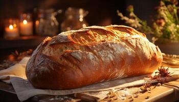 ai gegenereerd vers gebakken eigengemaakt brood Aan rustiek houten tafel gegenereerd door ai foto