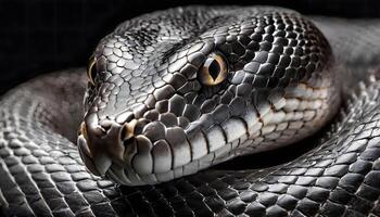 ai gegenereerd zwart cobra slang detailopname geïsoleerd Aan zwart achtergrond foto