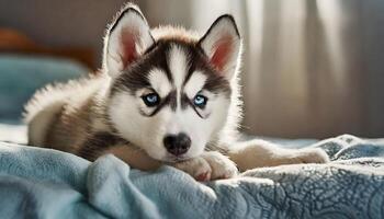 ai gegenereerd aanbiddelijk baby schor puppy resting Aan bed foto