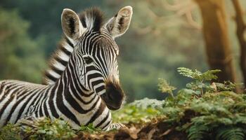 ai gegenereerd pasgeboren baby zebra veulen detailopname resting alleen in de Woud foto