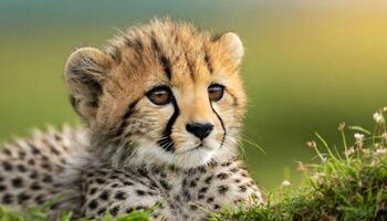 ai gegenereerd schattig gevlekte baby Jachtluipaard welp zittend alleen in de Woud foto