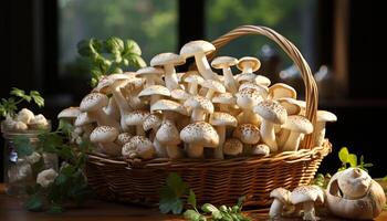 ai gegenereerd vers biologisch eetbaar champignons in een rieten mand buitenshuis gegenereerd door ai foto