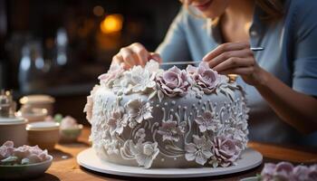 ai gegenereerd Dames decoreren eigengemaakt toetje Aan tafel, zoet voedsel viering gegenereerd door ai foto