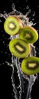 ai gegenereerd deze hoog foto vangt de bevallig vrije val van glinsterend kiwi's en water, hun sappig vormen geschorst in in de lucht, Aan een zwart achtergrond presentatie van de dynamisch schoonheid van natuur