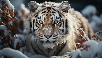 ai gegenereerd Bengalen tijger, woest en majestueus, zwerft rond besneeuwd Woud gegenereerd door ai foto