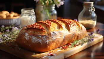 ai gegenereerd vers gebakken eigengemaakt brood Aan rustiek houten tafel gegenereerd door ai foto