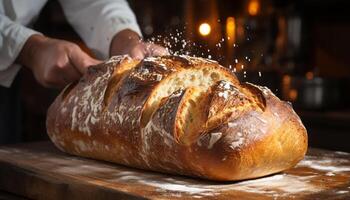 ai gegenereerd een rustiek bakker hand- kneden vers, eigengemaakt geheel tarwe brood gegenereerd door ai foto