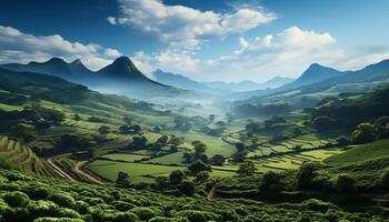 ai gegenereerd idyllisch berg boerderij, groen weide, rijst- padie, bewolkt landschap gegenereerd door ai foto