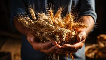 ai gegenereerd een boer hand- houdt biologisch tarwe, natuur gezond maaltijd gegenereerd door ai foto