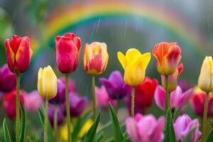 ai gegenereerd regenachtig dag tulpen met regenboog foto