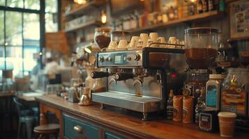 ai gegenereerd koffie machine in een koffie winkel foto