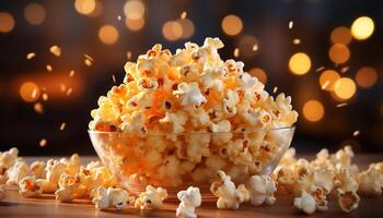 ai gegenereerd vers popcorn, zoet snoep, en gloeiend film theater verlichting gegenereerd door ai foto