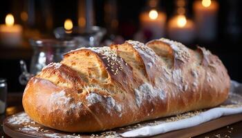 ai gegenereerd vers gebakken ciabatta brood Aan houten tafel, fijnproever maaltijd gegenereerd door ai foto