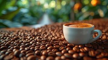 ai gegenereerd heet koffie kop met geroosterd biologisch koffie bonen Aan houten tafel achter de koffie plantage foto
