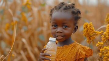ai gegenereerd een dorstig kind met een fles van schoon, zuiver water in zijn hand. figuur in Afrika ontbrekend schoon water, concept van globaal opwarming probleem foto