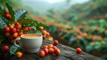 ai gegenereerd koffie kop vers geroosterd koffie boerderij achtergrond. foto