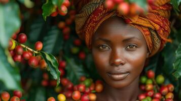 ai gegenereerd Afrikaanse jong vrouw verzamelen koffie kersen, oosten- Afrika foto